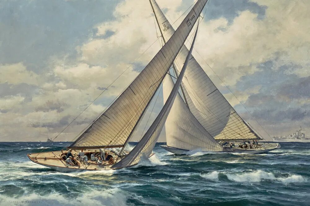 A rendering of the Columbia (right) sailing against the Sceptre at the 1958 Americas Cup in Newport, Rhode Island. Columbia won the race 4-0 in the Cup's first 12-meter class competition.