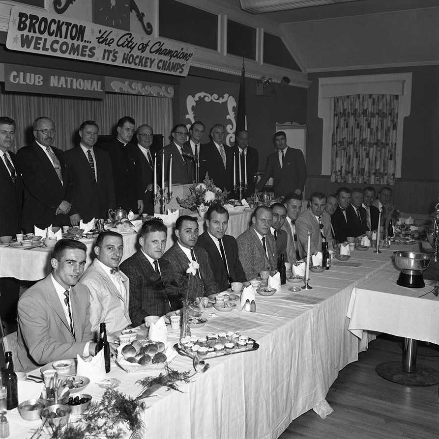 Brockton Wetzell Hockey Club celebrates its U.S. national championship, April 13, 1959.