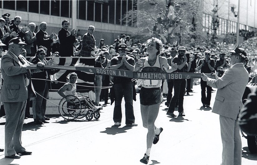 Bill Rodgers clears the finish line at the 1980 Boston Marathon. It was his 4th and last championship at the world's oldest marathon event. He also won the New York title 4 consecutive years between 1976-1980.
