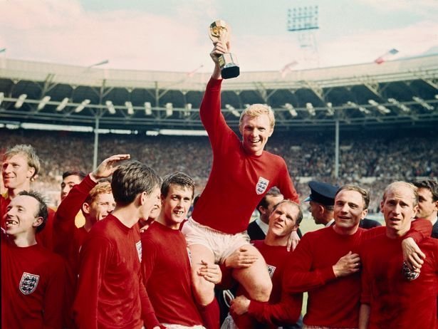 England's Geoff Hurst hoisting the trophy after defeating Germany 4-2 at the 1966 World Cup. To date, it remains the first and last World Cup title for the country that invented the game.