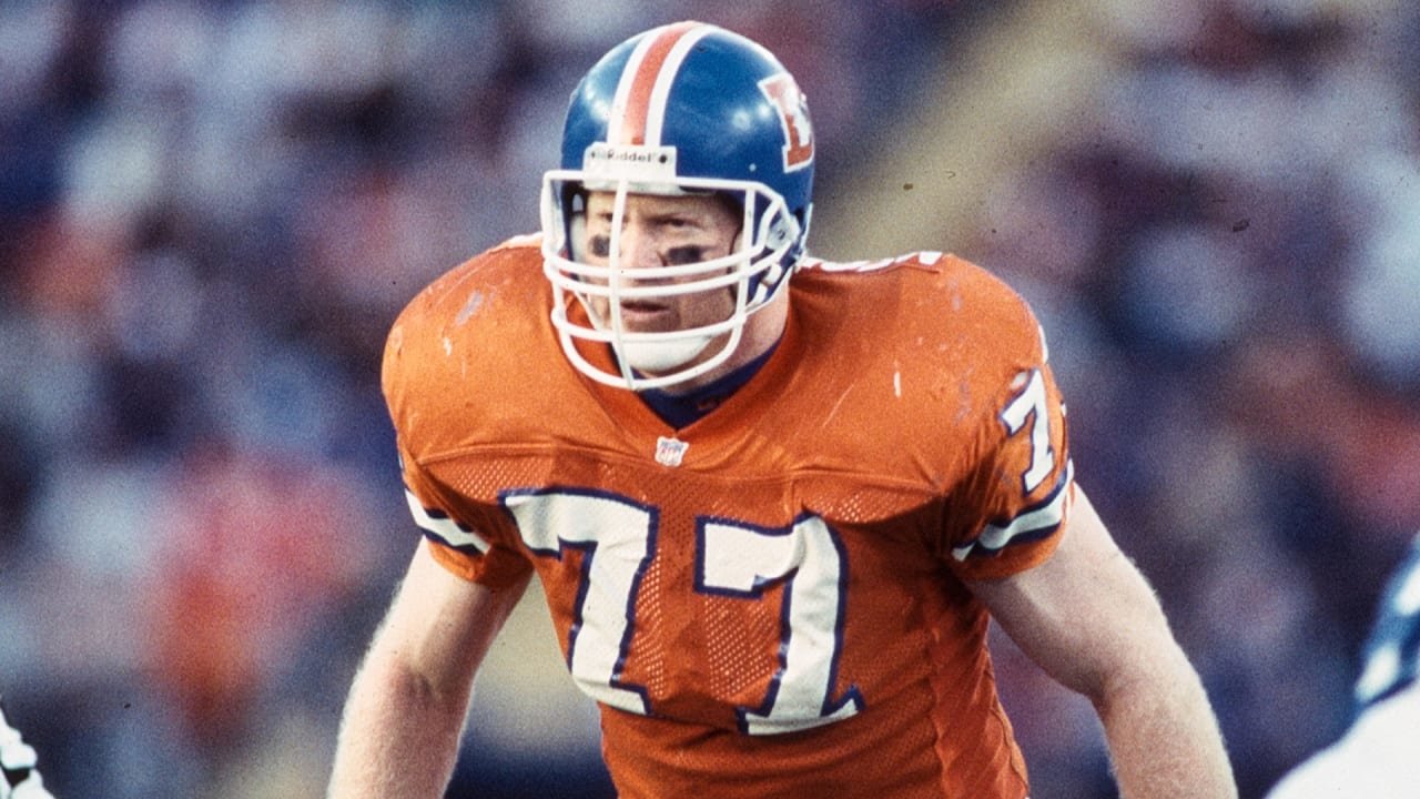 Broncos Linebacker, Karl Mecklenburg, on the field during a game. One of the most versatile players in the NFL, he played all (3-4) defensive positions for the Broncos from 1983-1994.