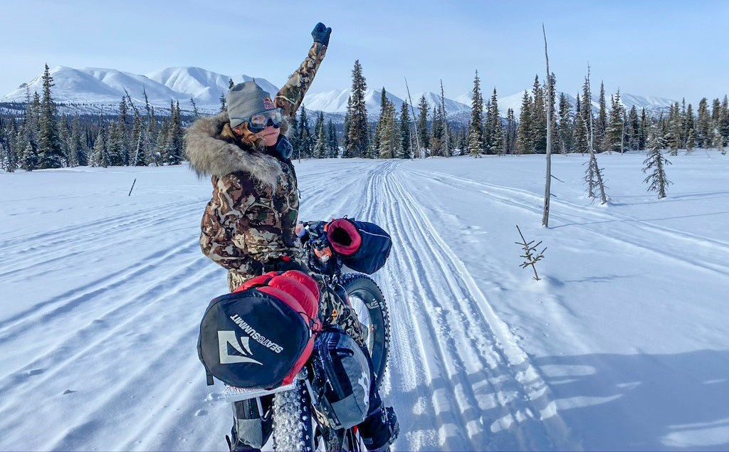 Rebecca Rusch at the 2021 Iditarod Trail Invitational, a 350-mile bike race in Alaska where she placed 1st among women for the second time.