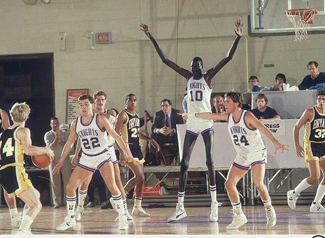 Sudan's 7-foot, 7-inch Manute Bol playing for the University of Bridgeport in 1984-85. The following year, he would be the tallest player and first African to be drafted into the NBA.